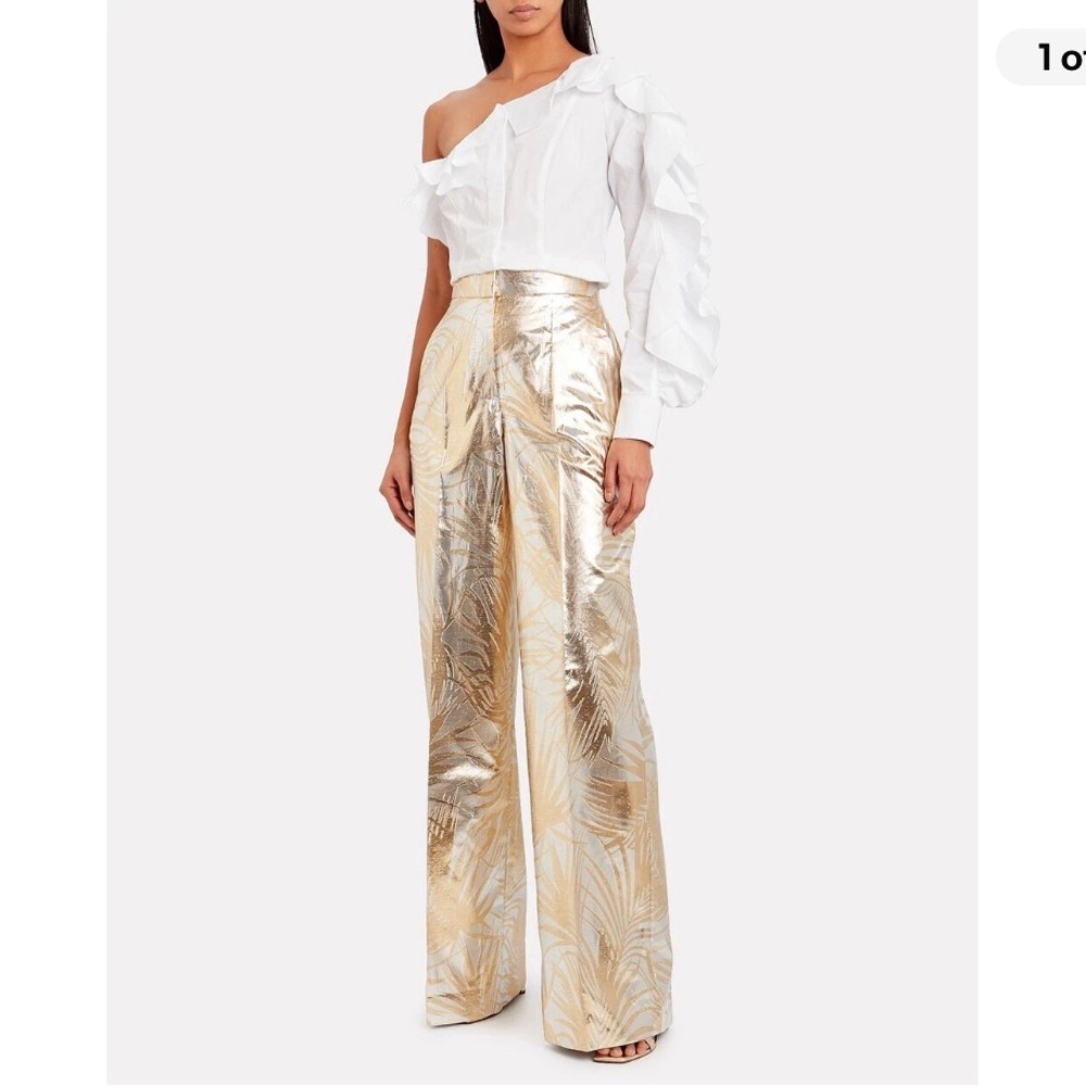 Gold Metallic Wide-Leg Palm-Print Pants